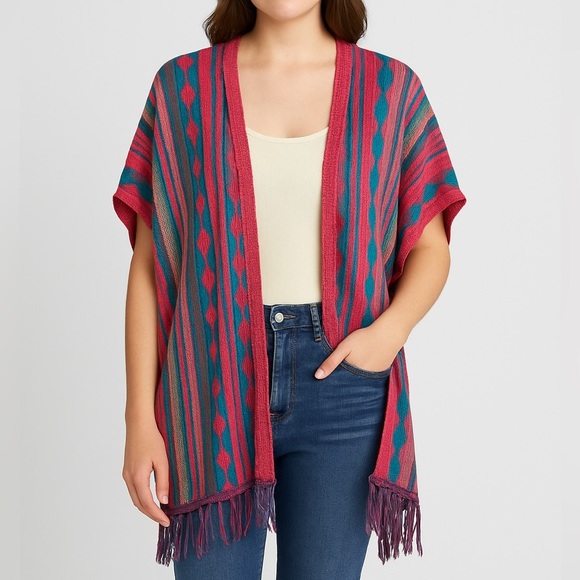 ⚪️ Say What? Pink and Blue Shrug with Fringe Detail - Picture 1 of 8